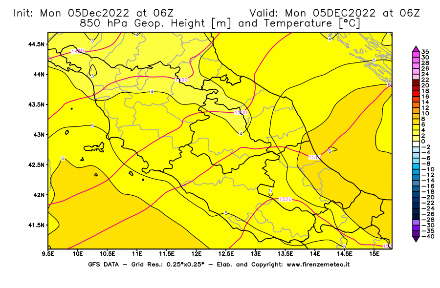 Mappa di analisi GFS - Geopotenziale [m] e Temperatura [°C] a 850 hPa in Centro-Italia
							del 05/12/2022 06 <!--googleoff: index-->UTC<!--googleon: index-->