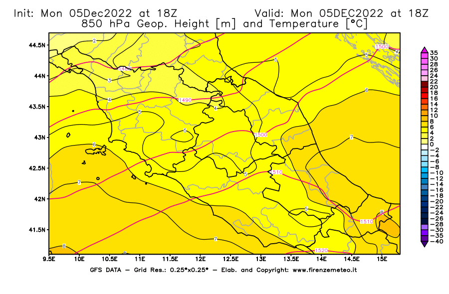 Mappa di analisi GFS - Geopotenziale [m] e Temperatura [°C] a 850 hPa in Centro-Italia
							del 05/12/2022 18 <!--googleoff: index-->UTC<!--googleon: index-->