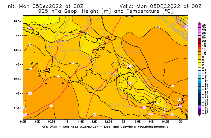 Mappa di analisi GFS - Geopotenziale [m] e Temperatura [°C] a 925 hPa in Centro-Italia
							del 05/12/2022 00 <!--googleoff: index-->UTC<!--googleon: index-->
