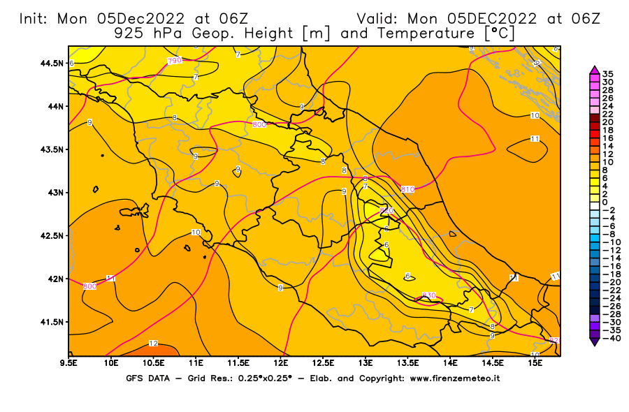 Mappa di analisi GFS - Geopotenziale [m] e Temperatura [°C] a 925 hPa in Centro-Italia
							del 05/12/2022 06 <!--googleoff: index-->UTC<!--googleon: index-->