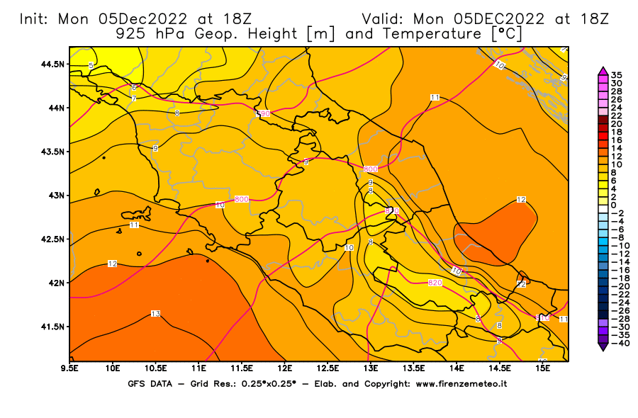 Mappa di analisi GFS - Geopotenziale [m] e Temperatura [°C] a 925 hPa in Centro-Italia
							del 05/12/2022 18 <!--googleoff: index-->UTC<!--googleon: index-->