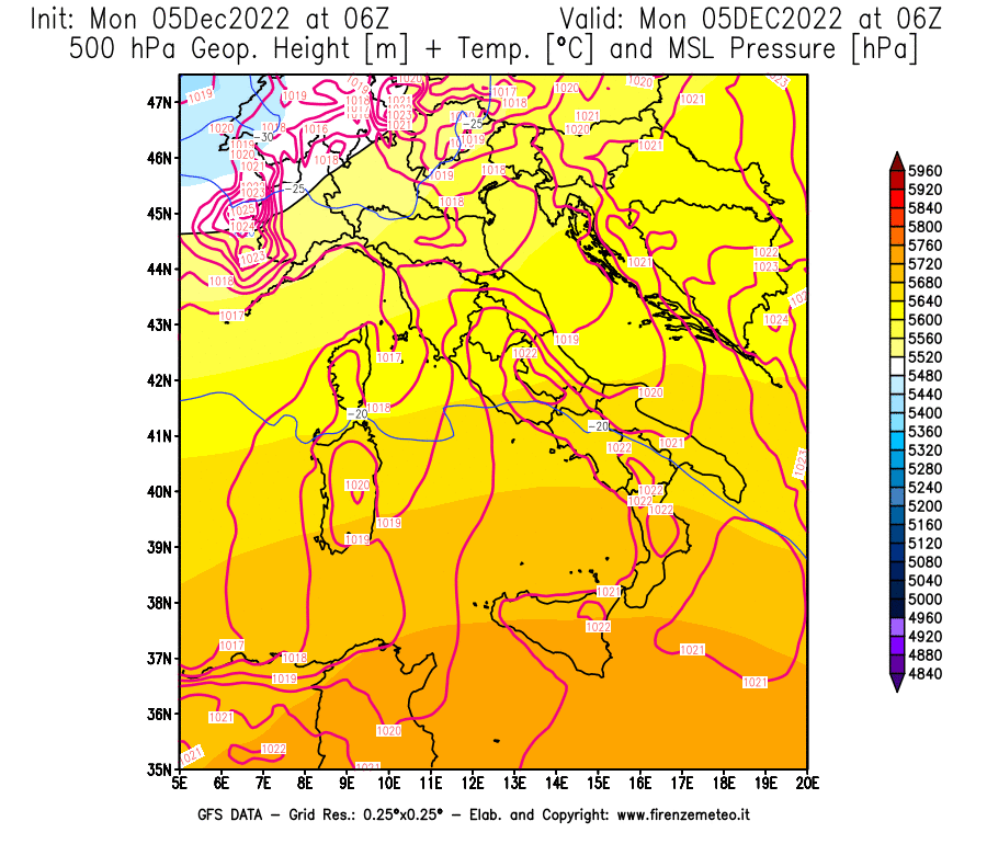 Mappa di analisi GFS - Geopotenziale [m] + Temp. [°C] a 500 hPa + Press. a livello del mare [hPa] in Italia
							del 05/12/2022 06 <!--googleoff: index-->UTC<!--googleon: index-->