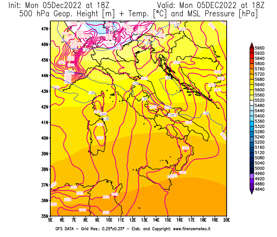 Mappa di analisi GFS - Geopotenziale [m] + Temp. [°C] a 500 hPa + Press. a livello del mare [hPa] in Italia
							del 05/12/2022 18 <!--googleoff: index-->UTC<!--googleon: index-->