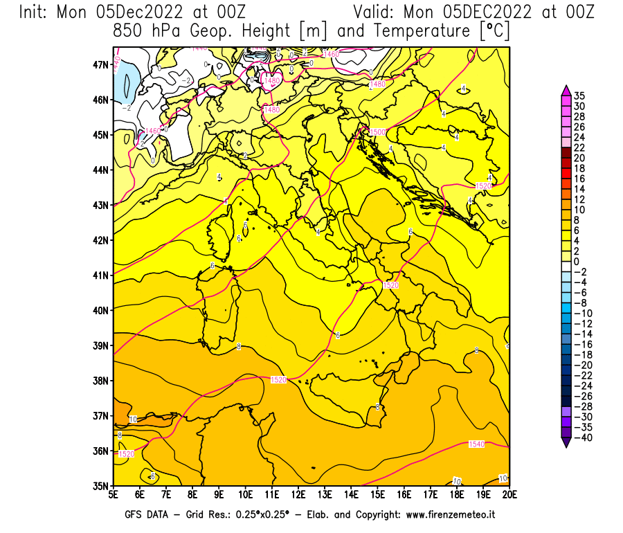 Mappa di analisi GFS - Geopotenziale [m] e Temperatura [°C] a 850 hPa in Italia
							del 05/12/2022 00 <!--googleoff: index-->UTC<!--googleon: index-->