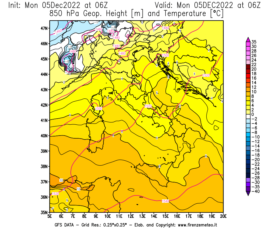 Mappa di analisi GFS - Geopotenziale [m] e Temperatura [°C] a 850 hPa in Italia
							del 05/12/2022 06 <!--googleoff: index-->UTC<!--googleon: index-->