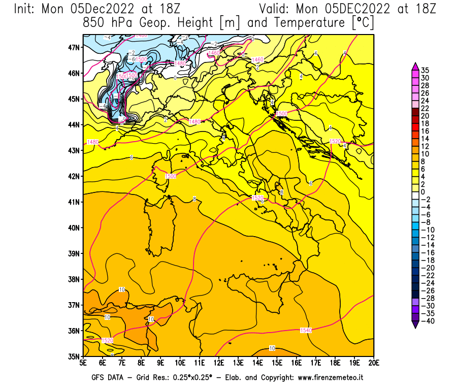 Mappa di analisi GFS - Geopotenziale [m] e Temperatura [°C] a 850 hPa in Italia
							del 05/12/2022 18 <!--googleoff: index-->UTC<!--googleon: index-->