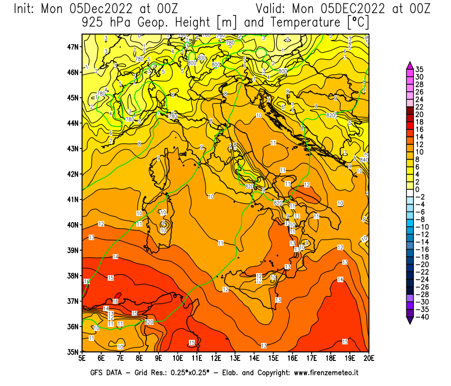 Mappa di analisi GFS - Geopotenziale [m] e Temperatura [°C] a 925 hPa in Italia
							del 05/12/2022 00 <!--googleoff: index-->UTC<!--googleon: index-->