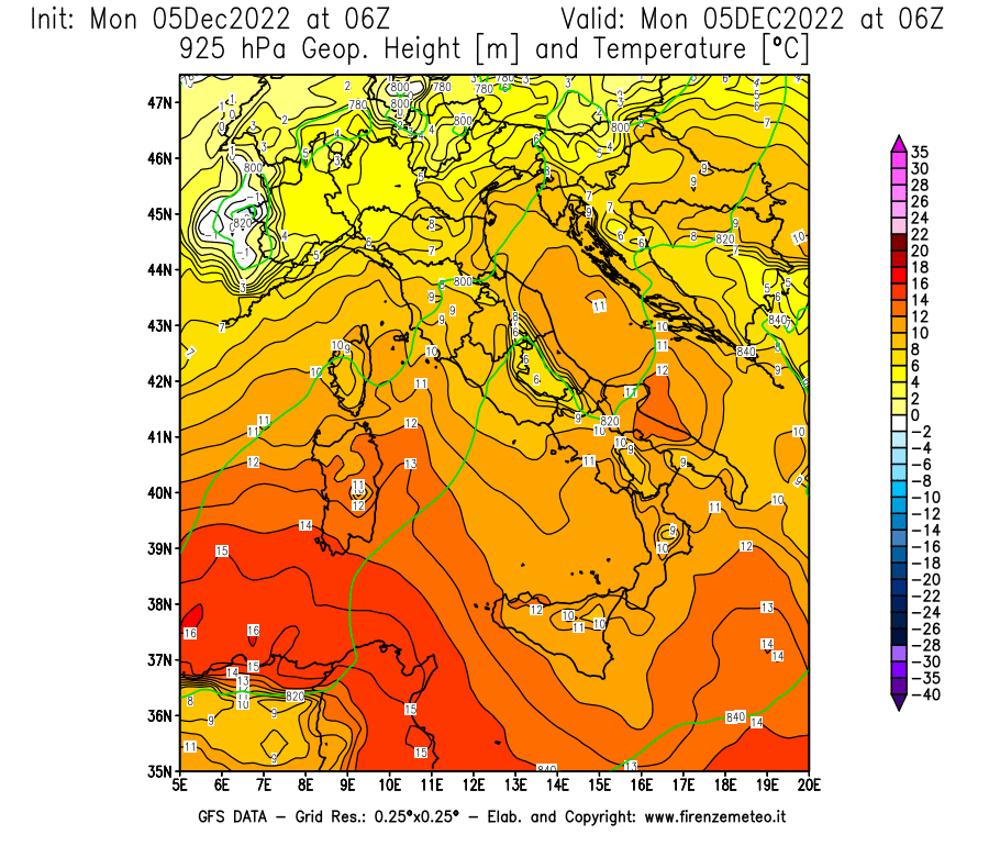 Mappa di analisi GFS - Geopotenziale [m] e Temperatura [°C] a 925 hPa in Italia
							del 05/12/2022 06 <!--googleoff: index-->UTC<!--googleon: index-->