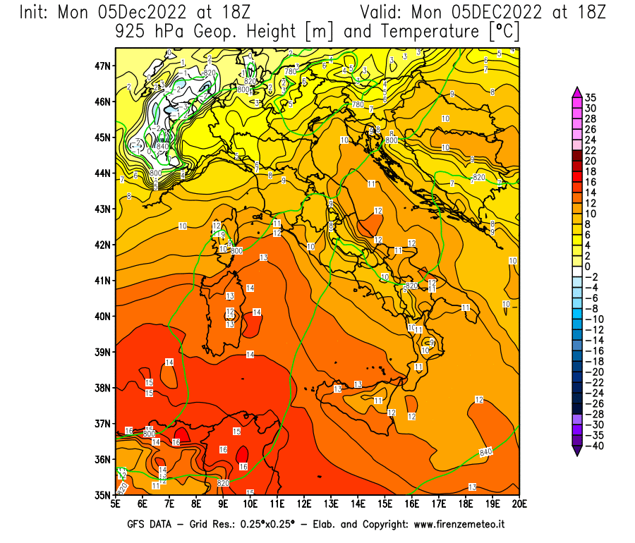 Mappa di analisi GFS - Geopotenziale [m] e Temperatura [°C] a 925 hPa in Italia
							del 05/12/2022 18 <!--googleoff: index-->UTC<!--googleon: index-->