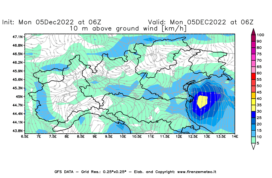 Mappa di analisi GFS - Velocità del vento a 10 metri dal suolo [km/h] in Nord-Italia
							del 05/12/2022 06 <!--googleoff: index-->UTC<!--googleon: index-->