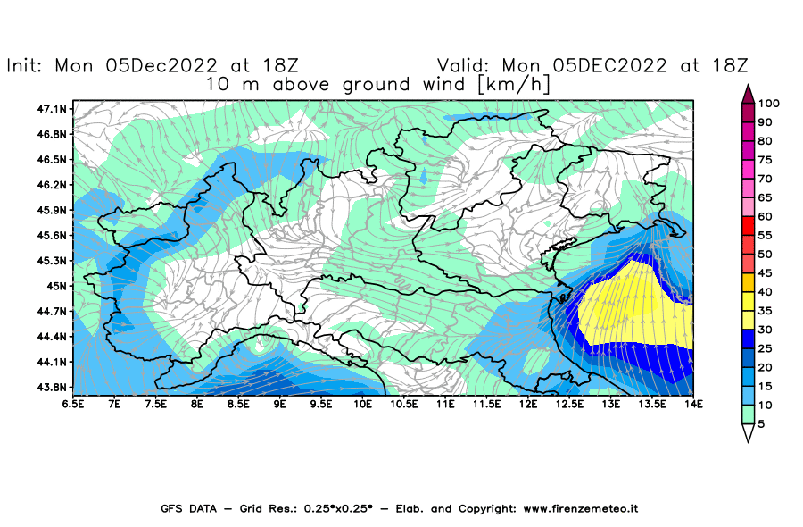 Mappa di analisi GFS - Velocità del vento a 10 metri dal suolo [km/h] in Nord-Italia
							del 05/12/2022 18 <!--googleoff: index-->UTC<!--googleon: index-->