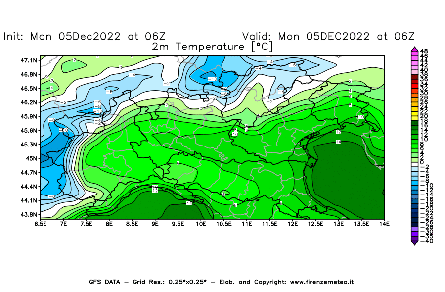 Mappa di analisi GFS - Temperatura a 2 metri dal suolo [°C] in Nord-Italia
							del 05/12/2022 06 <!--googleoff: index-->UTC<!--googleon: index-->