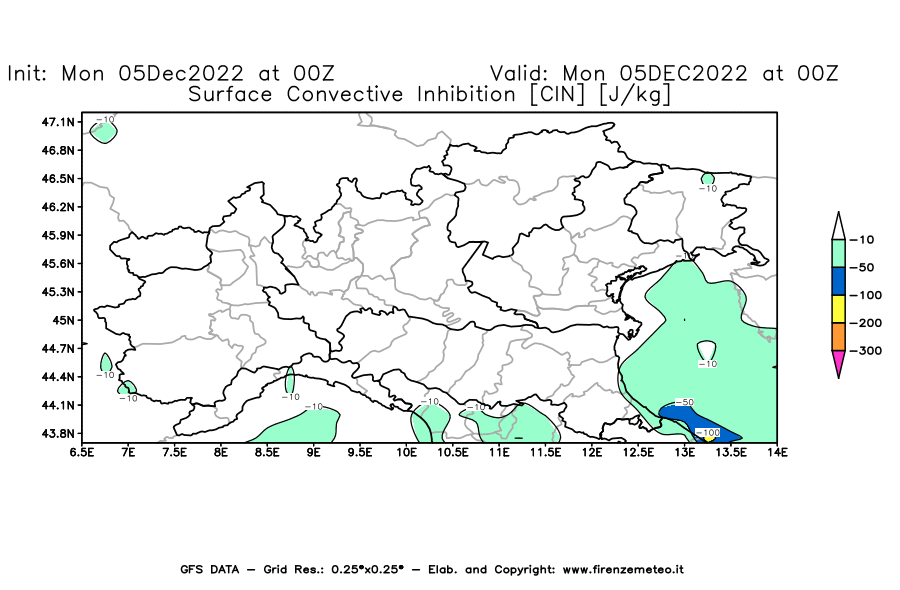 Mappa di analisi GFS - CIN [J/kg] in Nord-Italia
							del 05/12/2022 00 <!--googleoff: index-->UTC<!--googleon: index-->