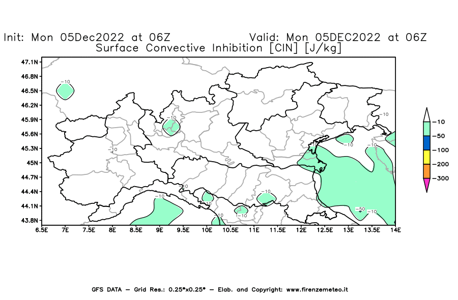 Mappa di analisi GFS - CIN [J/kg] in Nord-Italia
							del 05/12/2022 06 <!--googleoff: index-->UTC<!--googleon: index-->