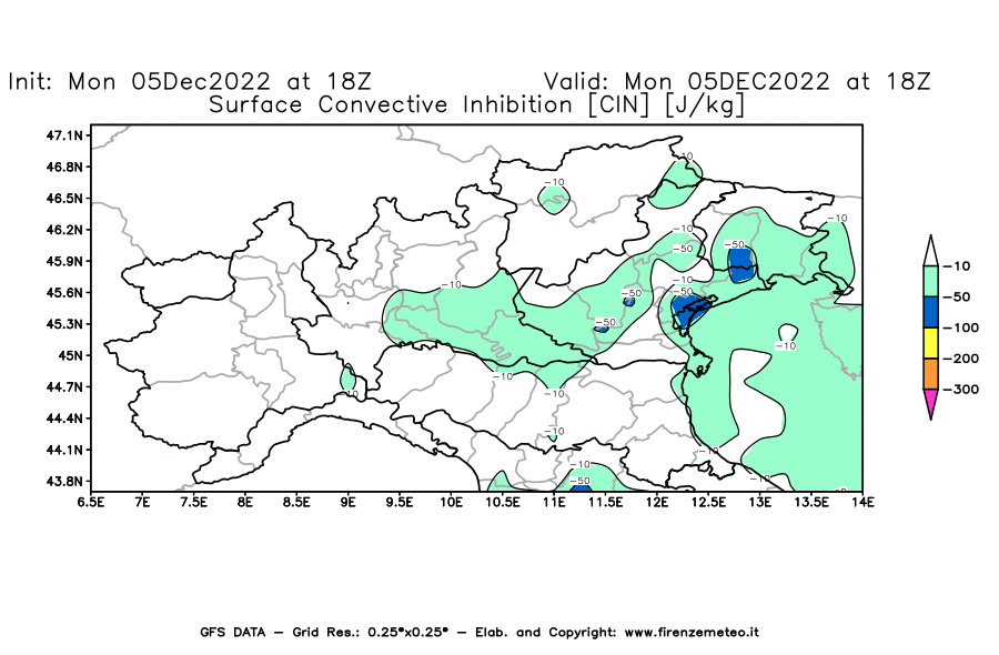 Mappa di analisi GFS - CIN [J/kg] in Nord-Italia
							del 05/12/2022 18 <!--googleoff: index-->UTC<!--googleon: index-->