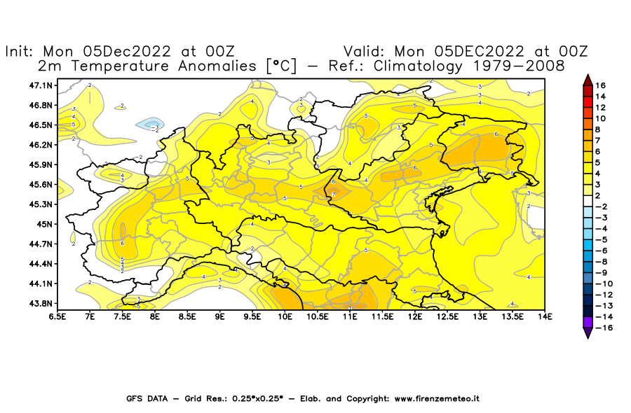 Mappa di analisi GFS - Anomalia Temperatura [°C] a 2 m in Nord-Italia
							del 05/12/2022 00 <!--googleoff: index-->UTC<!--googleon: index-->