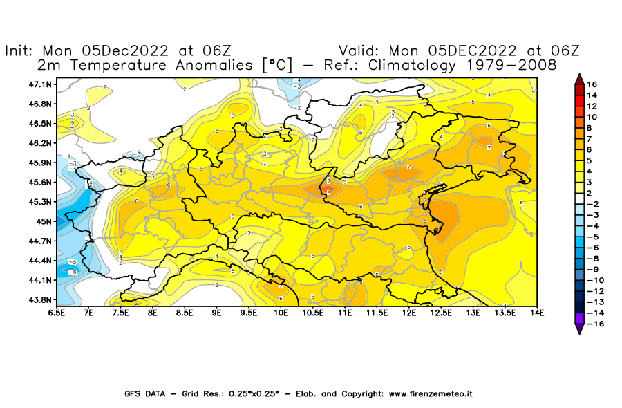 Mappa di analisi GFS - Anomalia Temperatura [°C] a 2 m in Nord-Italia
							del 05/12/2022 06 <!--googleoff: index-->UTC<!--googleon: index-->