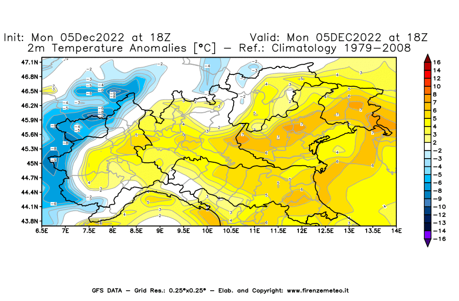 Mappa di analisi GFS - Anomalia Temperatura [°C] a 2 m in Nord-Italia
							del 05/12/2022 18 <!--googleoff: index-->UTC<!--googleon: index-->