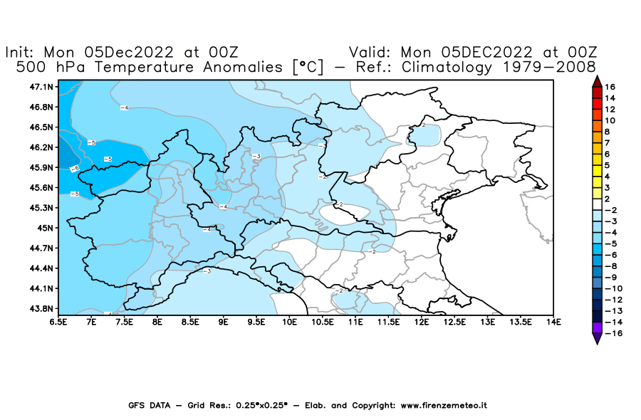 Mappa di analisi GFS - Anomalia Temperatura [°C] a 500 hPa in Nord-Italia
							del 05/12/2022 00 <!--googleoff: index-->UTC<!--googleon: index-->