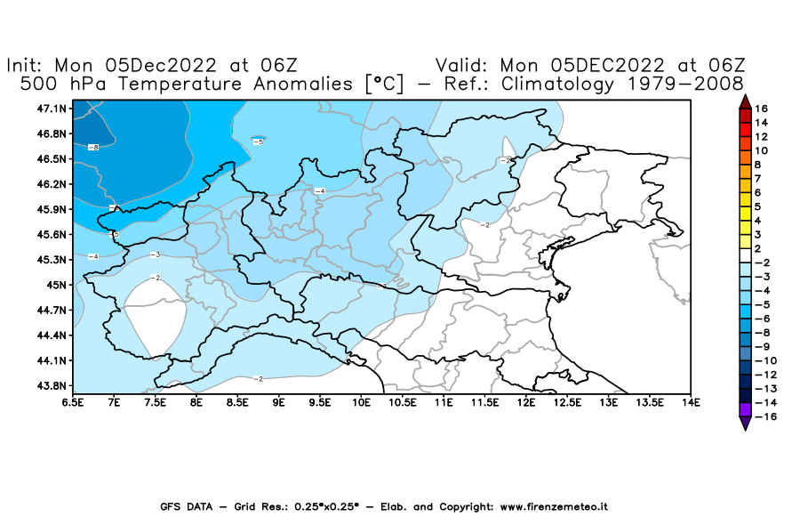 Mappa di analisi GFS - Anomalia Temperatura [°C] a 500 hPa in Nord-Italia
							del 05/12/2022 06 <!--googleoff: index-->UTC<!--googleon: index-->