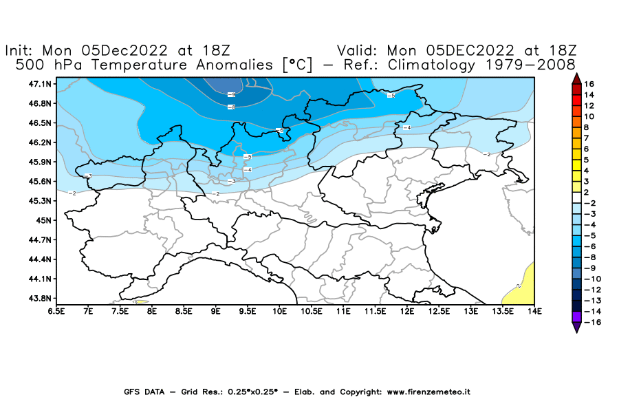 Mappa di analisi GFS - Anomalia Temperatura [°C] a 500 hPa in Nord-Italia
							del 05/12/2022 18 <!--googleoff: index-->UTC<!--googleon: index-->