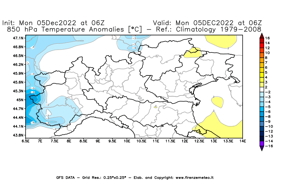 Mappa di analisi GFS - Anomalia Temperatura [°C] a 850 hPa in Nord-Italia
							del 05/12/2022 06 <!--googleoff: index-->UTC<!--googleon: index-->
