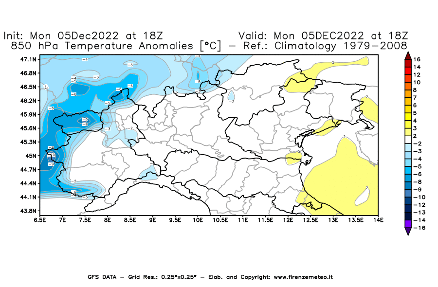 Mappa di analisi GFS - Anomalia Temperatura [°C] a 850 hPa in Nord-Italia
							del 05/12/2022 18 <!--googleoff: index-->UTC<!--googleon: index-->