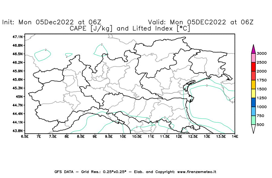 Mappa di analisi GFS - CAPE [J/kg] e Lifted Index [°C] in Nord-Italia
							del 05/12/2022 06 <!--googleoff: index-->UTC<!--googleon: index-->
