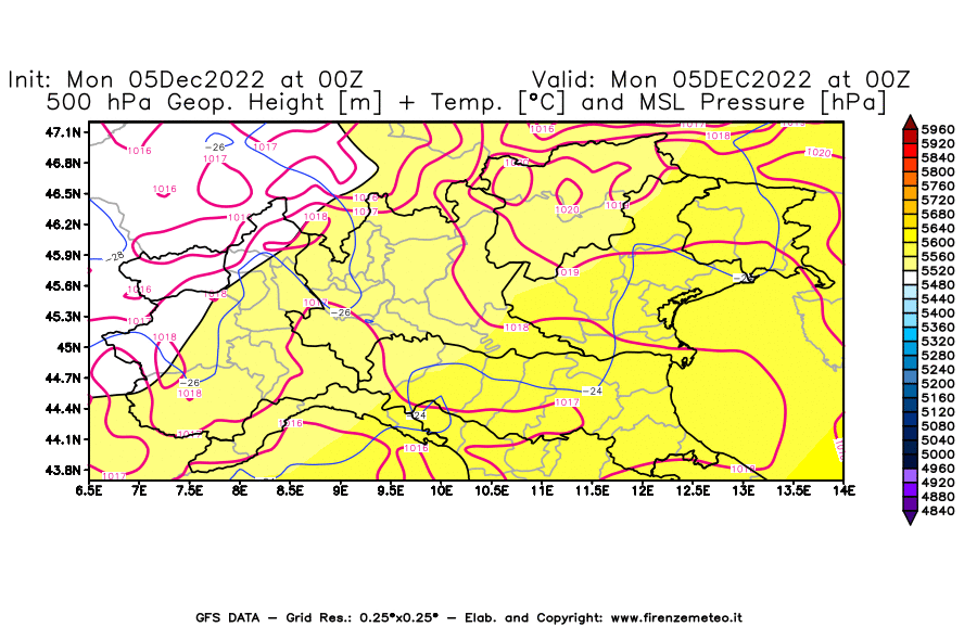 Mappa di analisi GFS - Geopotenziale [m] + Temp. [°C] a 500 hPa + Press. a livello del mare [hPa] in Nord-Italia
							del 05/12/2022 00 <!--googleoff: index-->UTC<!--googleon: index-->