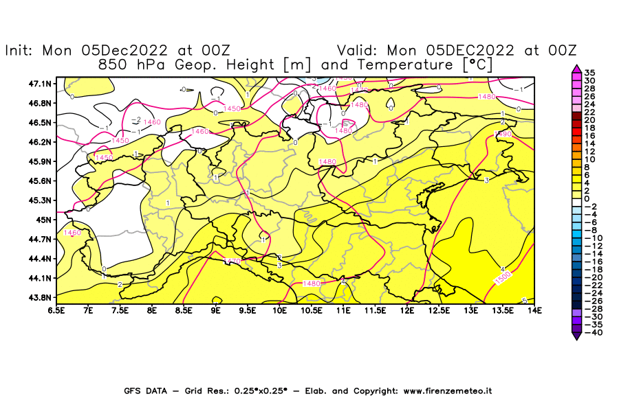 Mappa di analisi GFS - Geopotenziale [m] e Temperatura [°C] a 850 hPa in Nord-Italia
							del 05/12/2022 00 <!--googleoff: index-->UTC<!--googleon: index-->