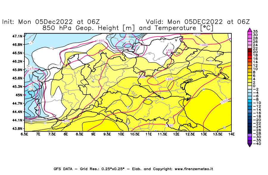 Mappa di analisi GFS - Geopotenziale [m] e Temperatura [°C] a 850 hPa in Nord-Italia
							del 05/12/2022 06 <!--googleoff: index-->UTC<!--googleon: index-->