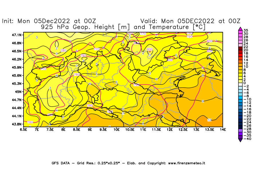 Mappa di analisi GFS - Geopotenziale [m] e Temperatura [°C] a 925 hPa in Nord-Italia
							del 05/12/2022 00 <!--googleoff: index-->UTC<!--googleon: index-->