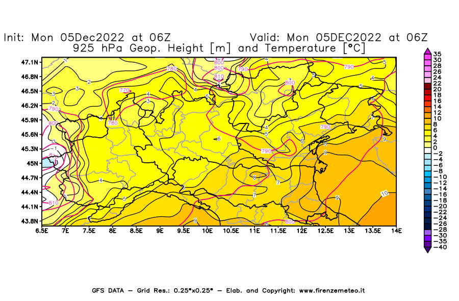 Mappa di analisi GFS - Geopotenziale [m] e Temperatura [°C] a 925 hPa in Nord-Italia
							del 05/12/2022 06 <!--googleoff: index-->UTC<!--googleon: index-->