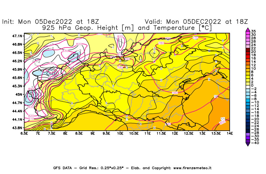 Mappa di analisi GFS - Geopotenziale [m] e Temperatura [°C] a 925 hPa in Nord-Italia
							del 05/12/2022 18 <!--googleoff: index-->UTC<!--googleon: index-->
