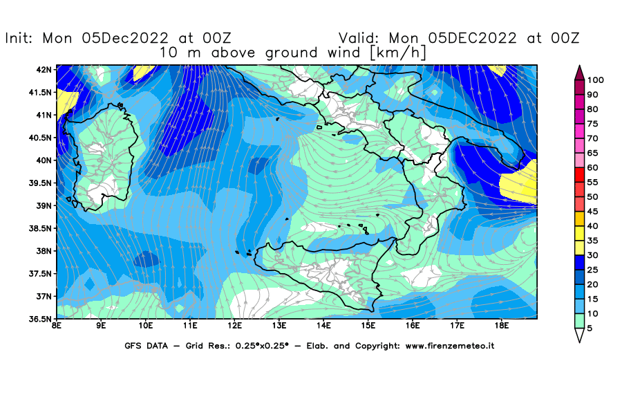 Mappa di analisi GFS - Velocità del vento a 10 metri dal suolo [km/h] in Sud-Italia
							del 05/12/2022 00 <!--googleoff: index-->UTC<!--googleon: index-->