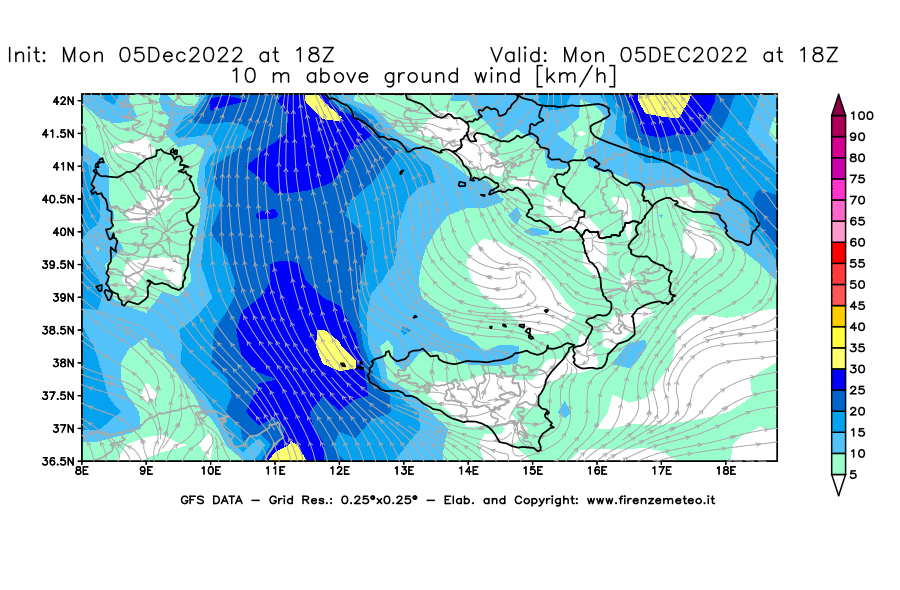 Mappa di analisi GFS - Velocità del vento a 10 metri dal suolo [km/h] in Sud-Italia
							del 05/12/2022 18 <!--googleoff: index-->UTC<!--googleon: index-->