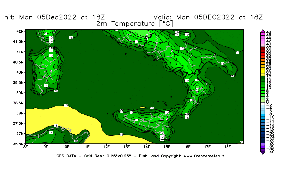 Mappa di analisi GFS - Temperatura a 2 metri dal suolo [°C] in Sud-Italia
							del 05/12/2022 18 <!--googleoff: index-->UTC<!--googleon: index-->