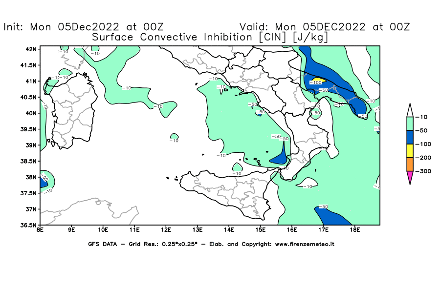 Mappa di analisi GFS - CIN [J/kg] in Sud-Italia
							del 05/12/2022 00 <!--googleoff: index-->UTC<!--googleon: index-->