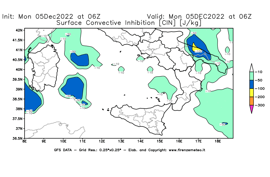 Mappa di analisi GFS - CIN [J/kg] in Sud-Italia
							del 05/12/2022 06 <!--googleoff: index-->UTC<!--googleon: index-->