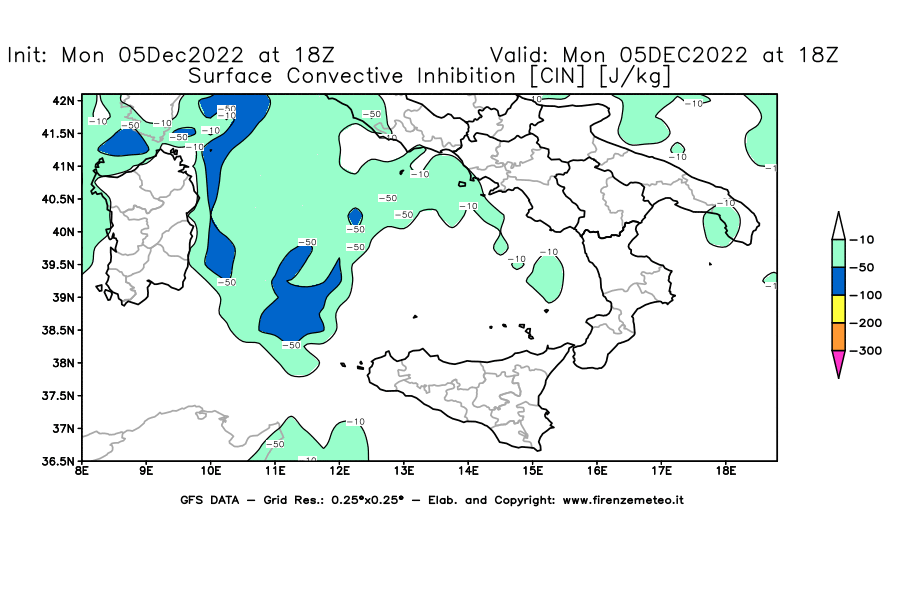 Mappa di analisi GFS - CIN [J/kg] in Sud-Italia
							del 05/12/2022 18 <!--googleoff: index-->UTC<!--googleon: index-->