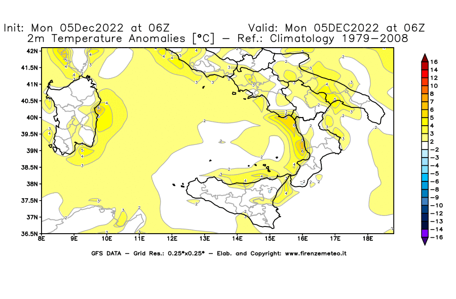 Mappa di analisi GFS - Anomalia Temperatura [°C] a 2 m in Sud-Italia
							del 05/12/2022 06 <!--googleoff: index-->UTC<!--googleon: index-->