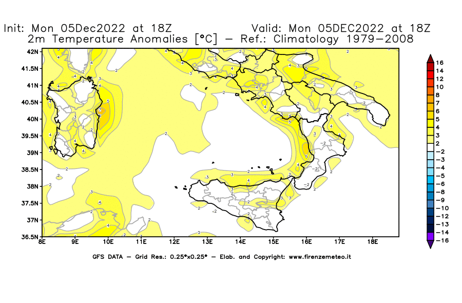 Mappa di analisi GFS - Anomalia Temperatura [°C] a 2 m in Sud-Italia
							del 05/12/2022 18 <!--googleoff: index-->UTC<!--googleon: index-->