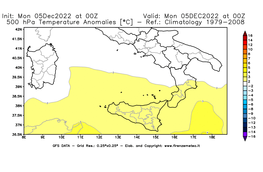 Mappa di analisi GFS - Anomalia Temperatura [°C] a 500 hPa in Sud-Italia
							del 05/12/2022 00 <!--googleoff: index-->UTC<!--googleon: index-->