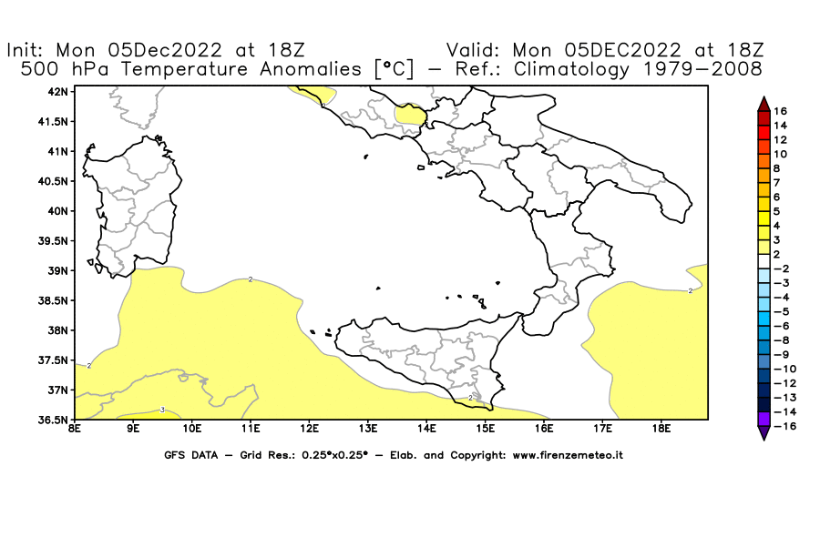 Mappa di analisi GFS - Anomalia Temperatura [°C] a 500 hPa in Sud-Italia
							del 05/12/2022 18 <!--googleoff: index-->UTC<!--googleon: index-->
