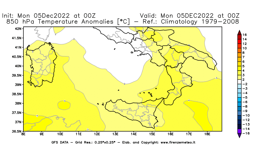 Mappa di analisi GFS - Anomalia Temperatura [°C] a 850 hPa in Sud-Italia
							del 05/12/2022 00 <!--googleoff: index-->UTC<!--googleon: index-->