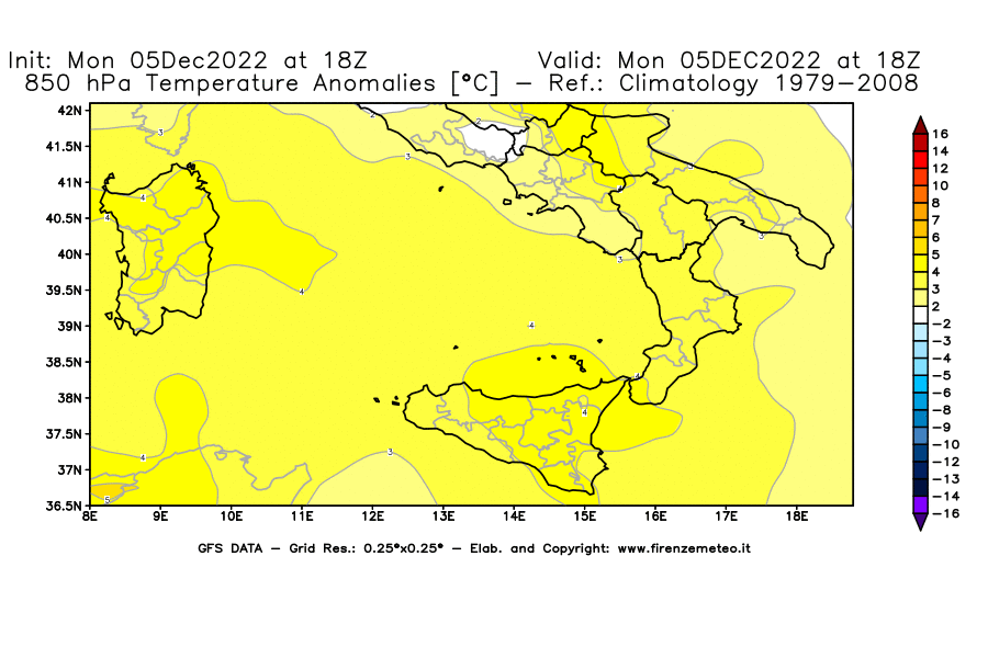 Mappa di analisi GFS - Anomalia Temperatura [°C] a 850 hPa in Sud-Italia
							del 05/12/2022 18 <!--googleoff: index-->UTC<!--googleon: index-->