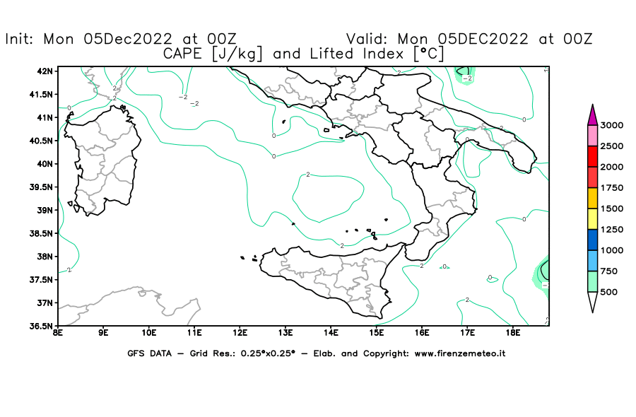 Mappa di analisi GFS - CAPE [J/kg] e Lifted Index [°C] in Sud-Italia
							del 05/12/2022 00 <!--googleoff: index-->UTC<!--googleon: index-->
