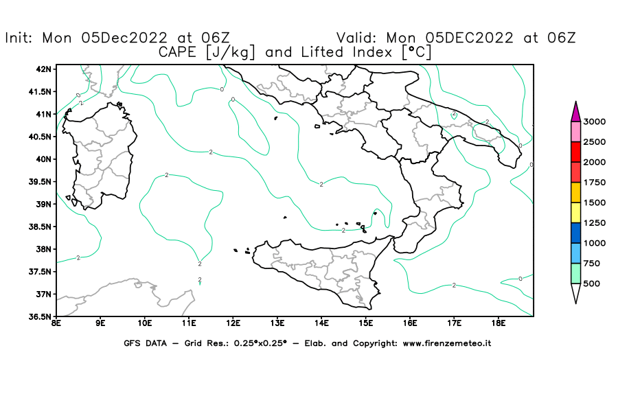 Mappa di analisi GFS - CAPE [J/kg] e Lifted Index [°C] in Sud-Italia
							del 05/12/2022 06 <!--googleoff: index-->UTC<!--googleon: index-->