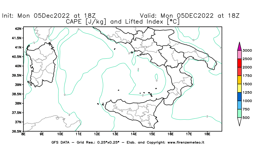 Mappa di analisi GFS - CAPE [J/kg] e Lifted Index [°C] in Sud-Italia
							del 05/12/2022 18 <!--googleoff: index-->UTC<!--googleon: index-->
