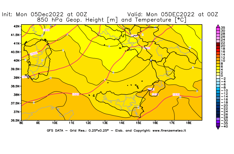 Mappa di analisi GFS - Geopotenziale [m] e Temperatura [°C] a 850 hPa in Sud-Italia
							del 05/12/2022 00 <!--googleoff: index-->UTC<!--googleon: index-->